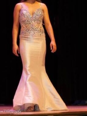 Rhinestone bodice, champagne mermaid formal gown